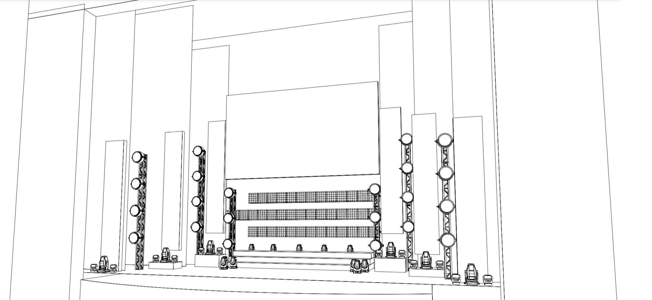 3D wireframe elevation of an LED screen stage set flanked by lighting towers