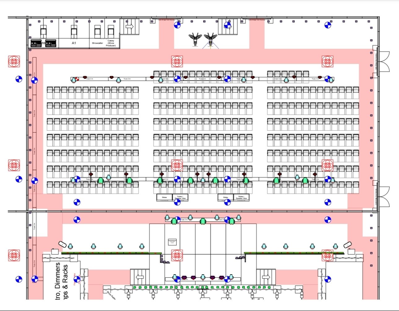 Conference seating and overhead truss rigging plan with technical control and egress routes marked