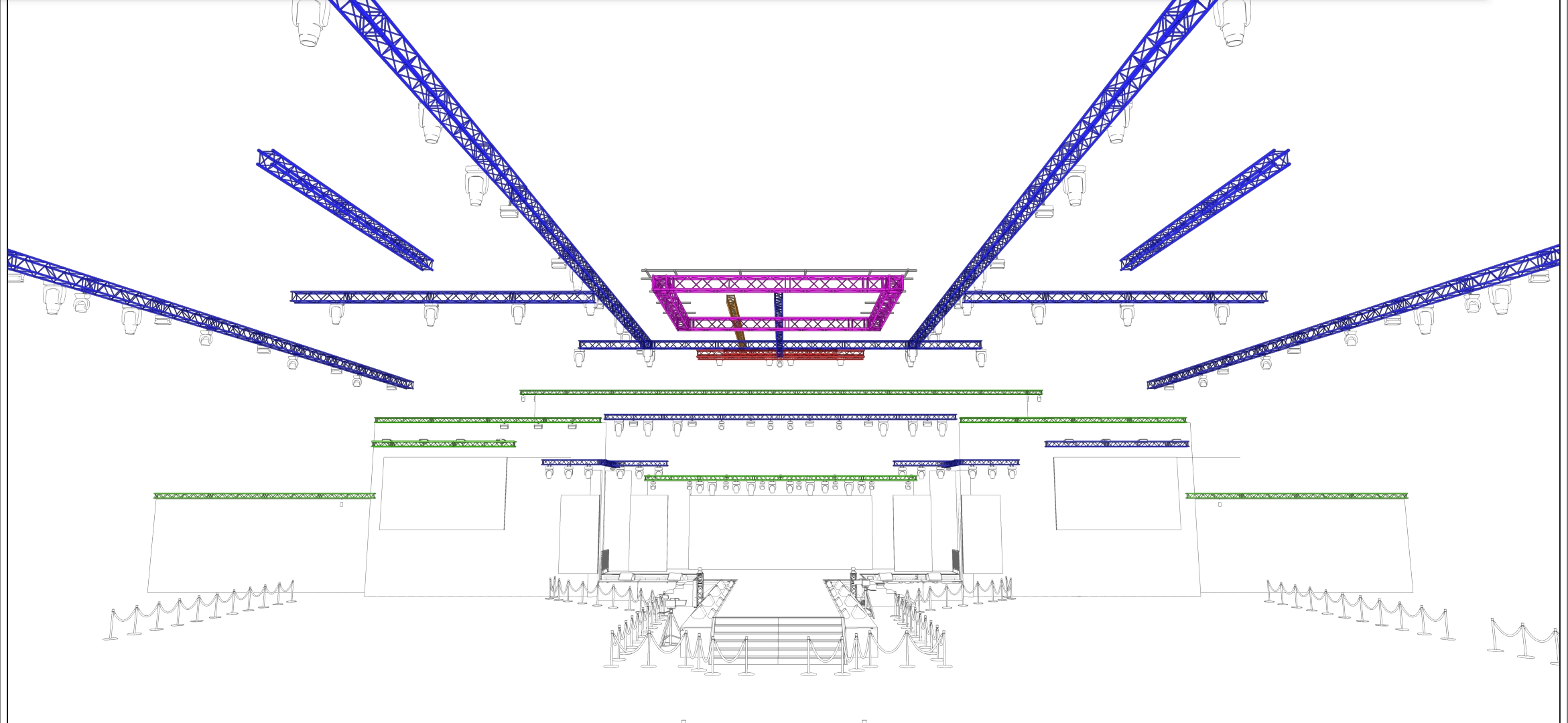 Colour-coded 3D rigging elevation showing truss types: main, audio, cable, drape and cube