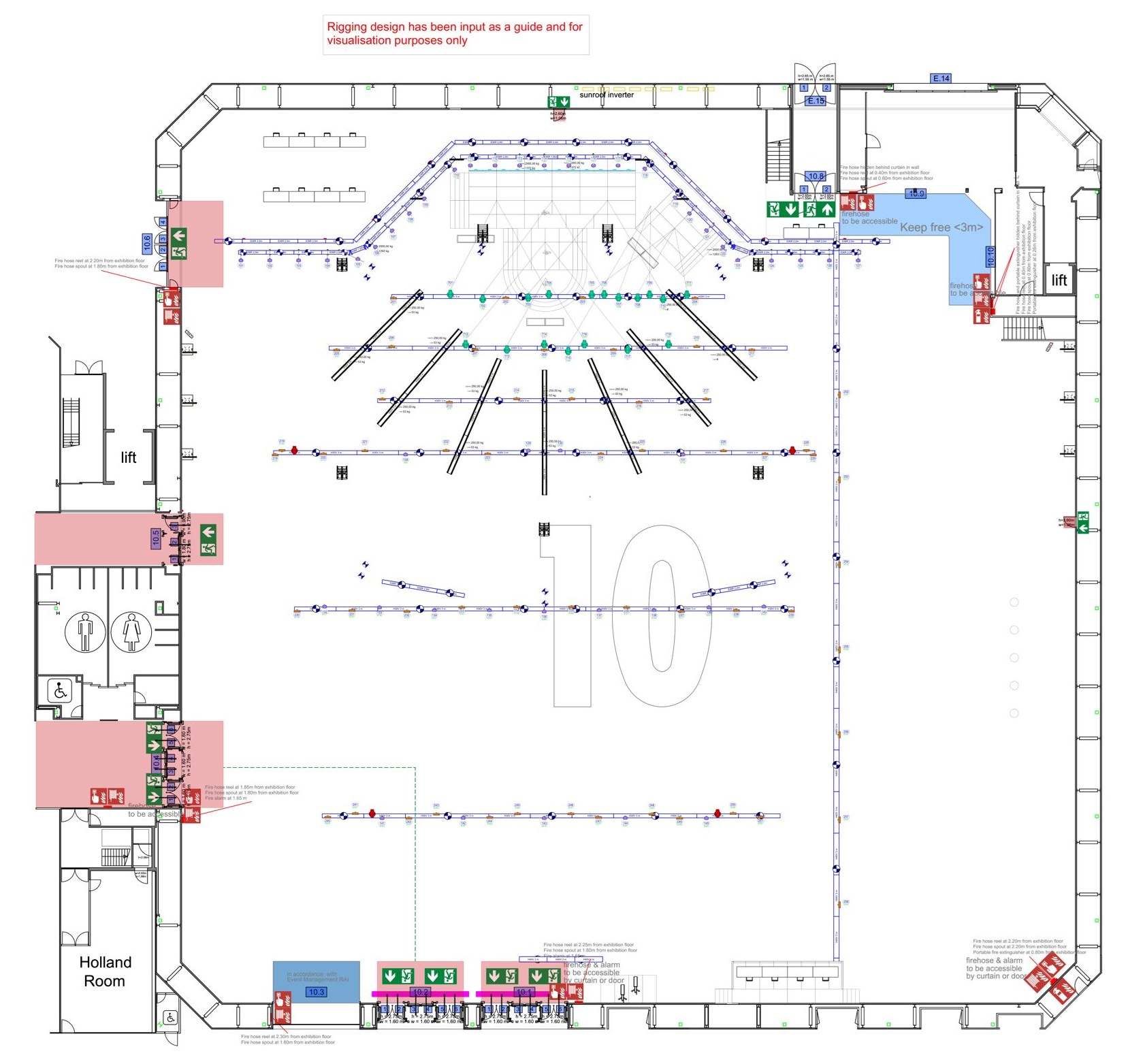 ONE26 LX main stage rigging and floor plan for Hall 10, with fixture symbol key