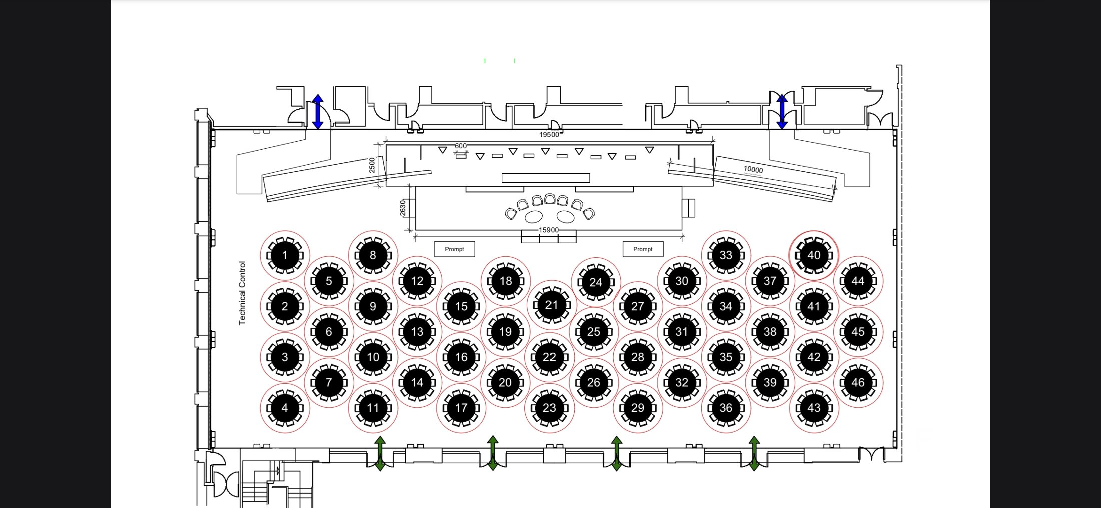Gala dinner numbered round table seating plan with stage and technical control