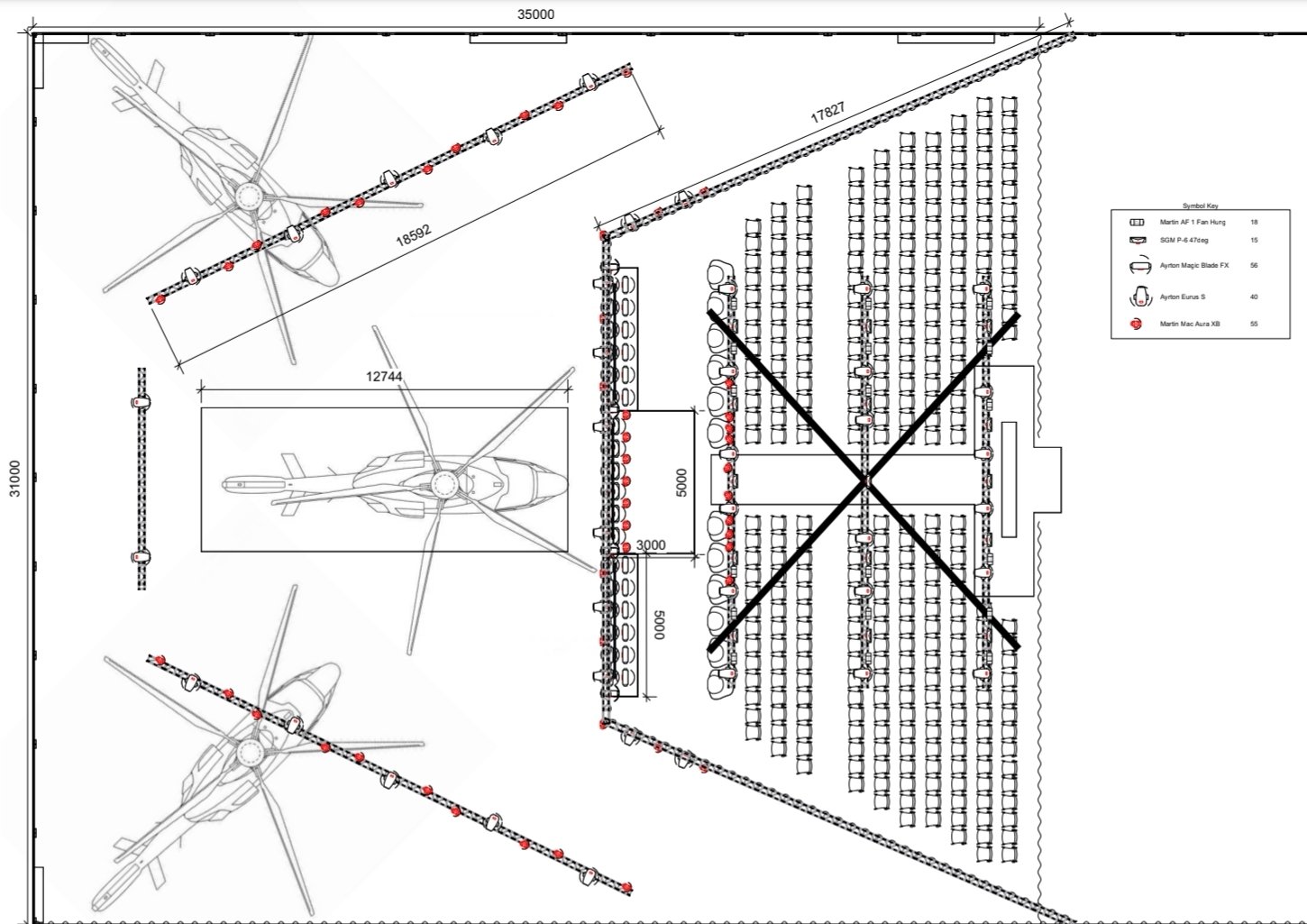 Rigging and fixture plot for a vehicle launch event featuring helicopters, with moving light symbol key