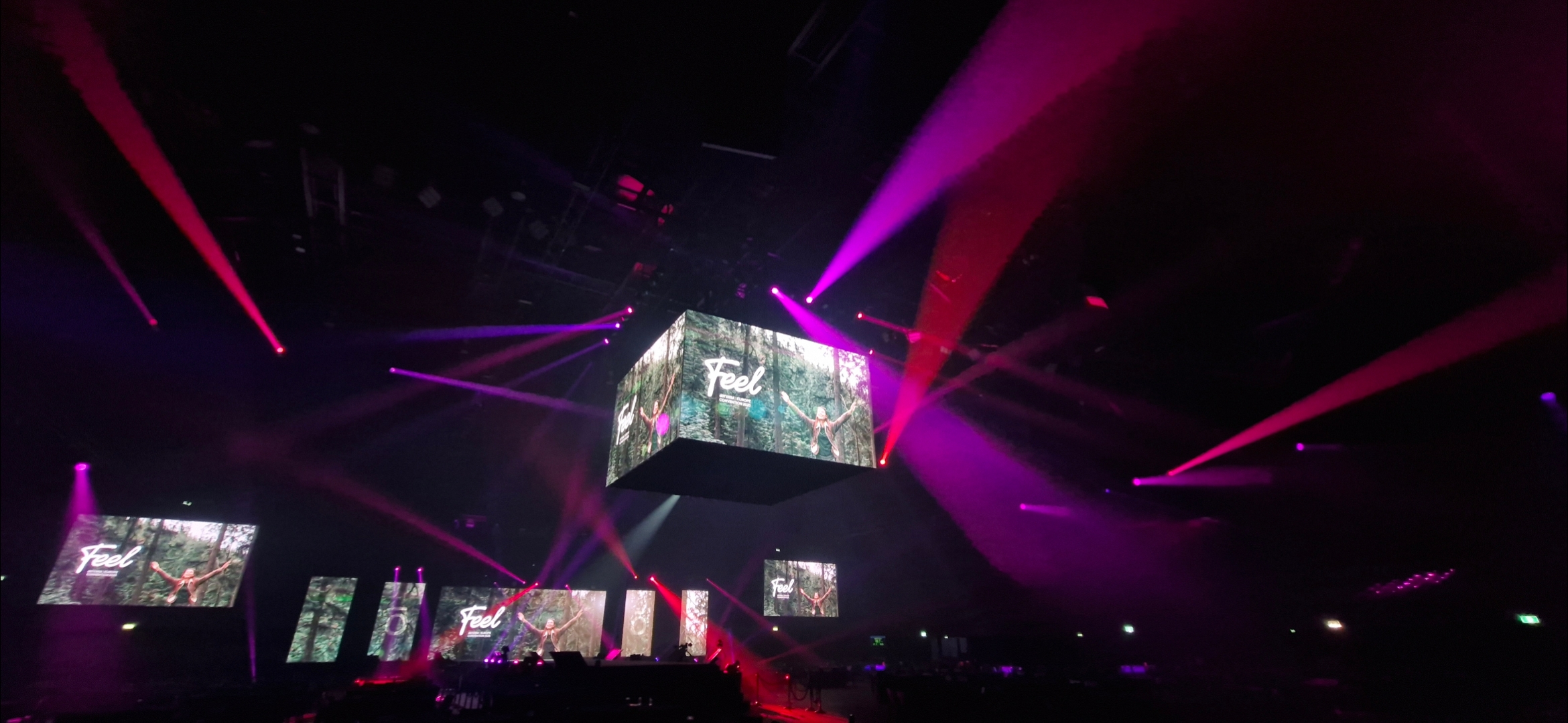 Feel European convention with suspended LED cube and moving lights