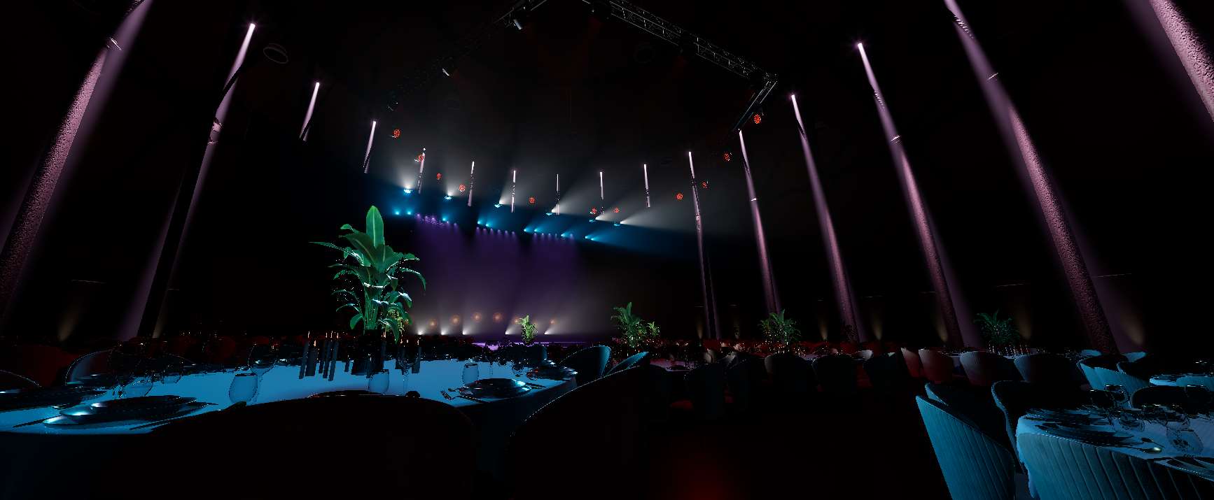 Unreal Engine render of an award show stage with moving lights