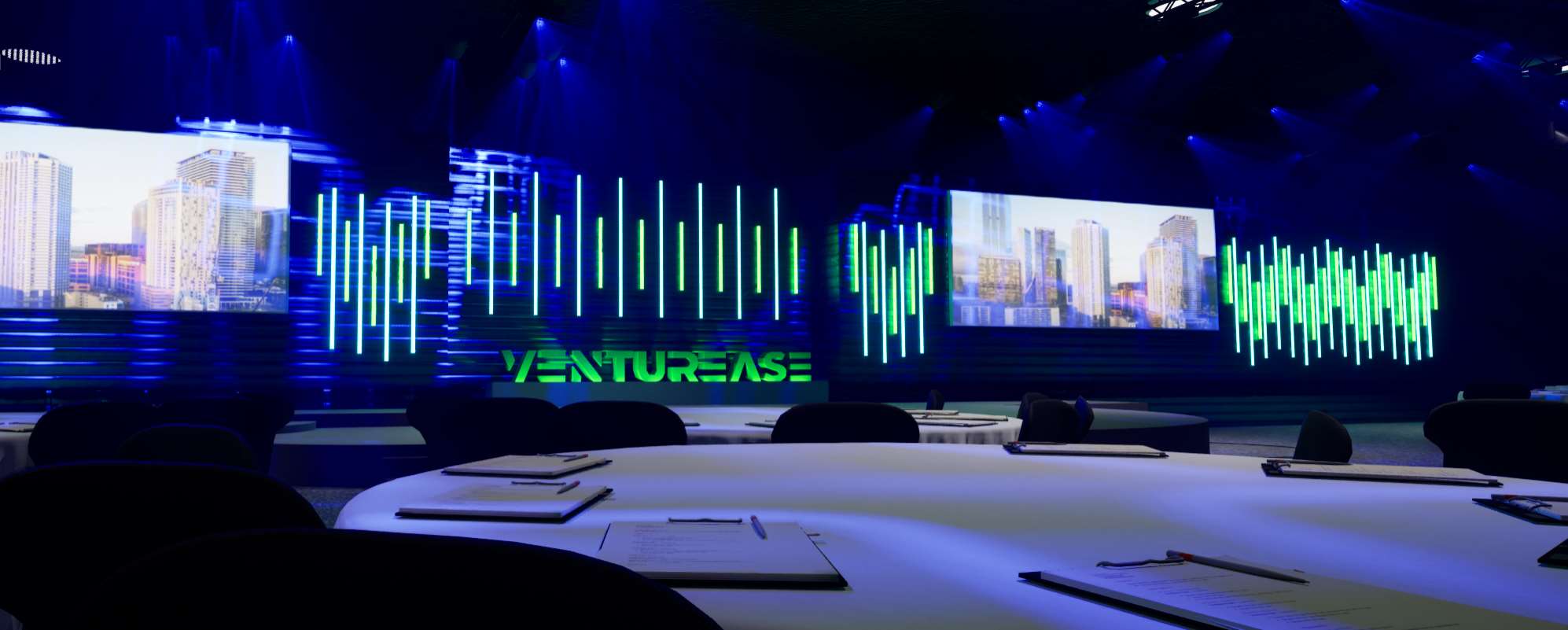 Unreal Engine render of a corporate stage set with LED screens