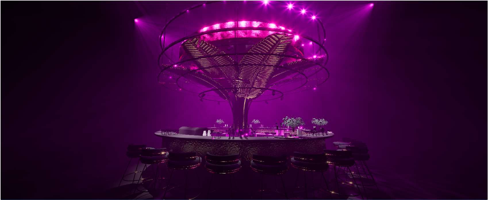 Unreal Engine render of a sculptural lit bar centrepiece