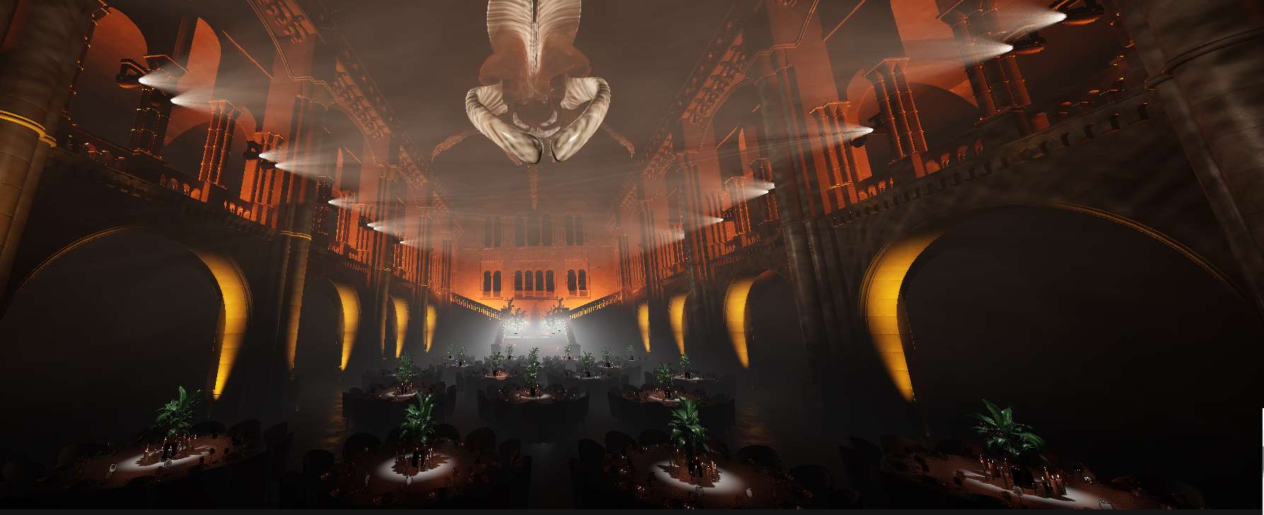 Unreal Engine render of a grand hall lit for a gala dinner