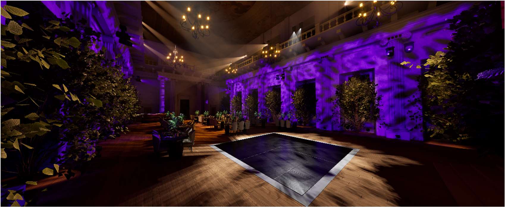 Unreal Engine render of an uplit ballroom for a wedding