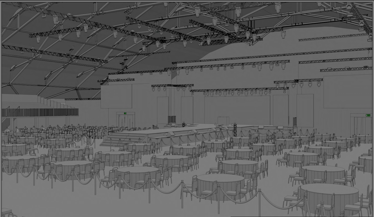 3D wireframe render of a full banquet hall with truss rigging, stage and round table seating, built in VectorWorks